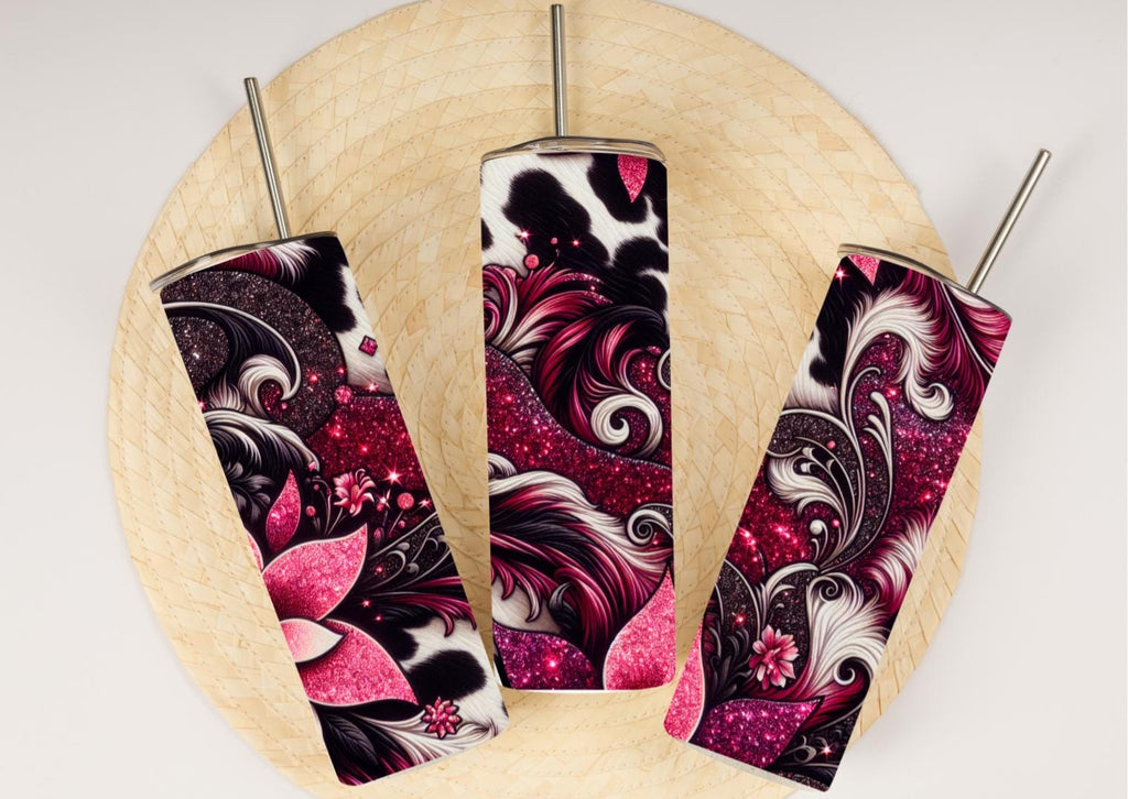 Magenta Glitter Floral Cow Print 20oz Skinny Tumbler