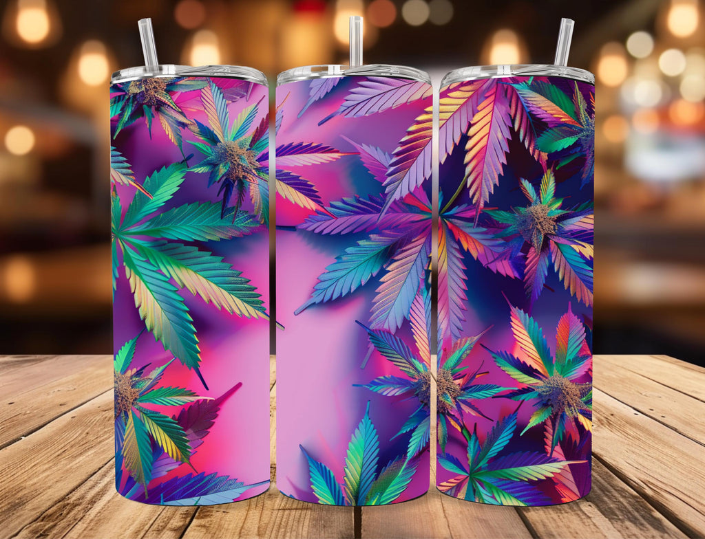 Vibrant Cannabis Leaf 20oz Skinny Tumbler | Ready to Ship Psychedelic Travel Mug | Pink Purple Stoner Insulated Stainless Steel Cup Gift