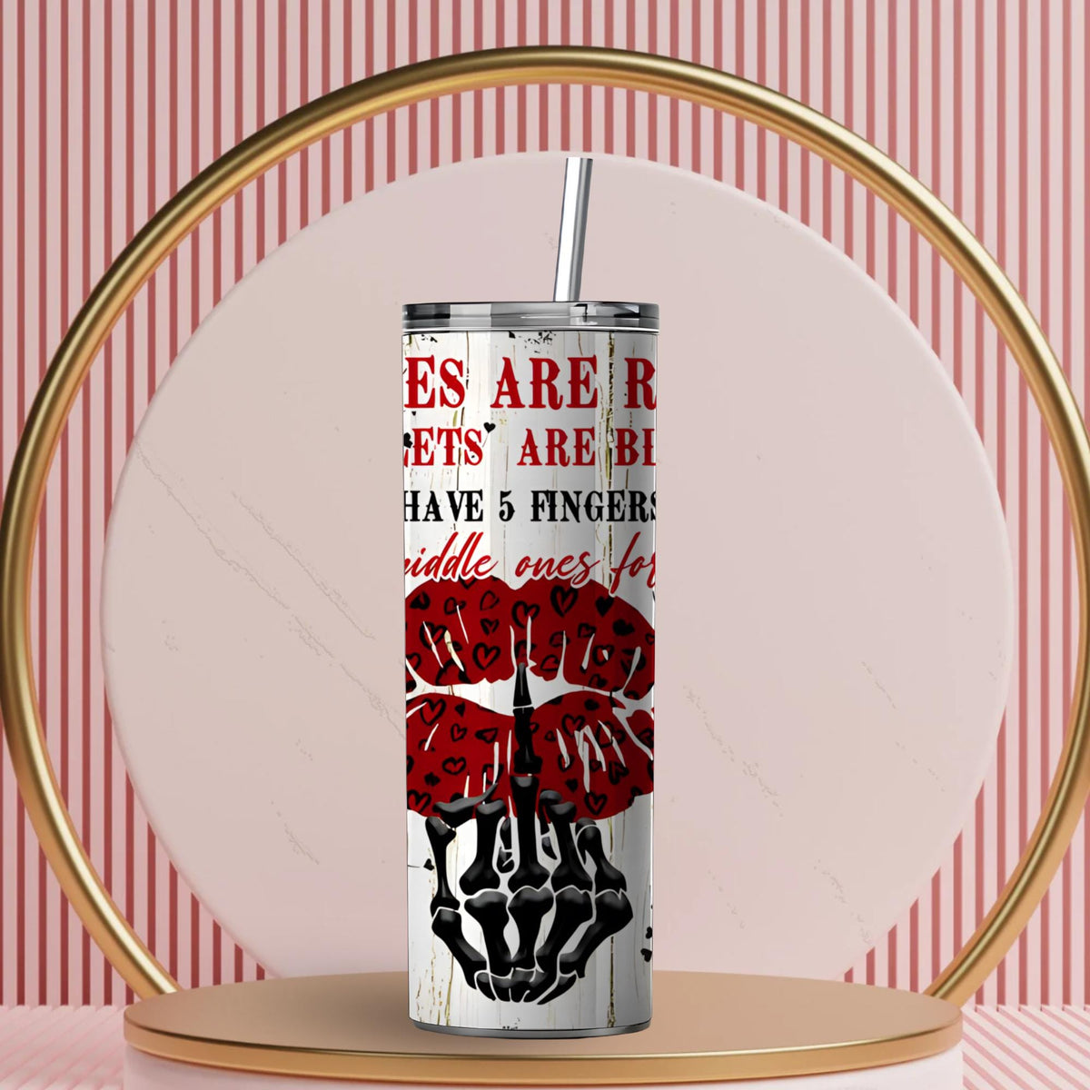Sarcastic Roses Are Red 20oz Skinny Tumbler | Edgy Skeleton Lips Travel Mug