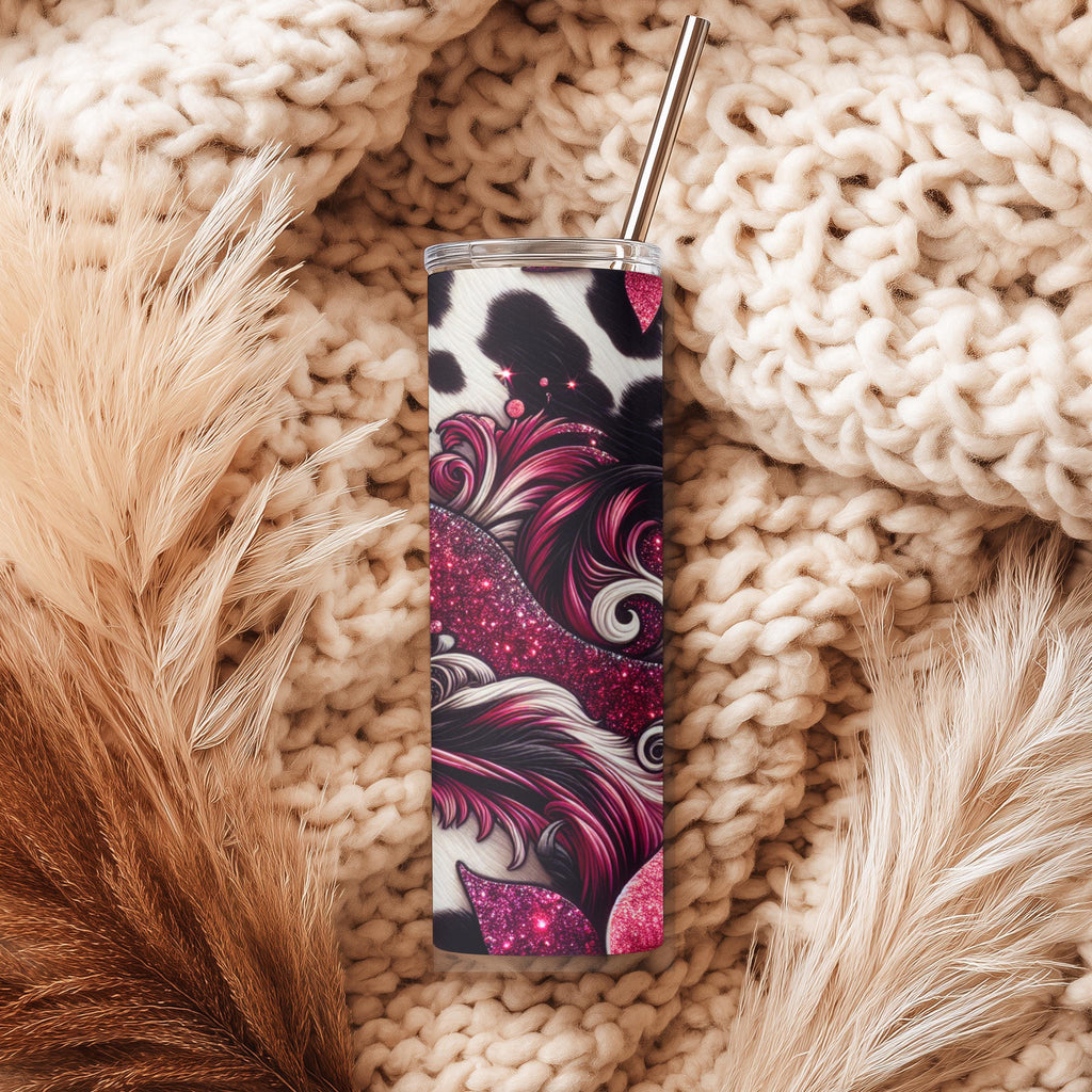 Magenta Glitter Floral Cow Print 20oz Skinny Tumbler