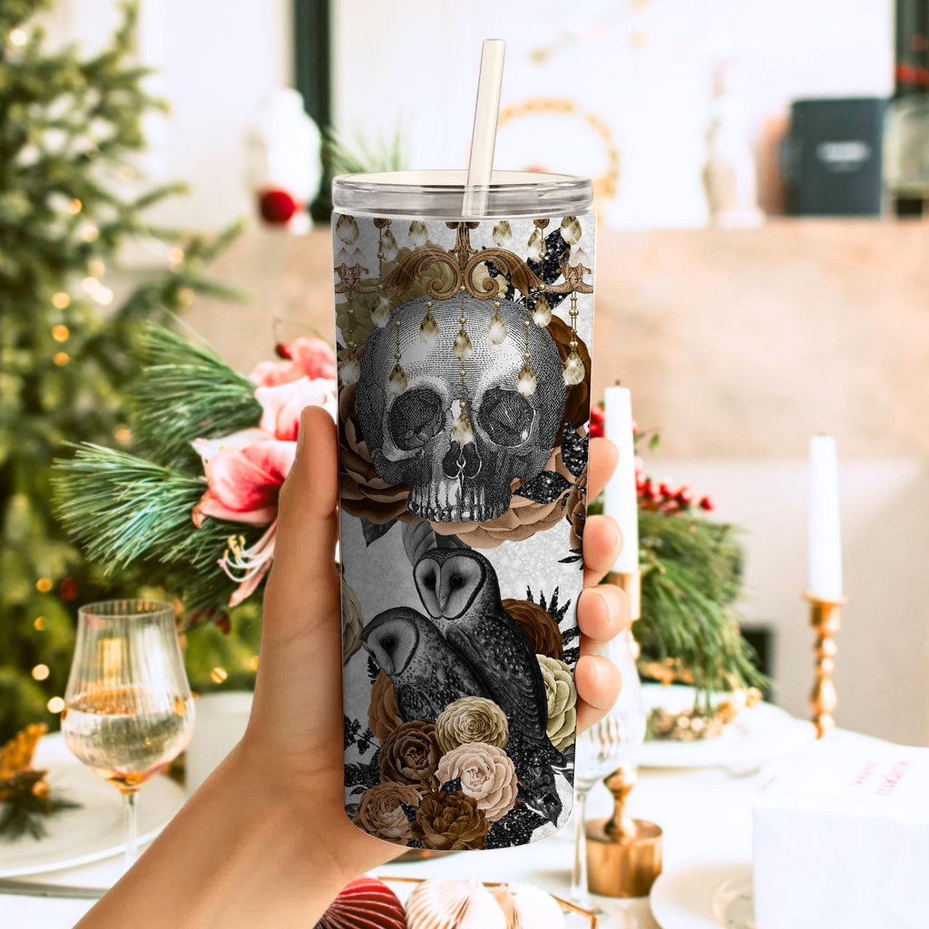 Dark Academia Skull Travel Mug | Gothic Romance Owl, Crow, Roses (20oz Stainless Steel)