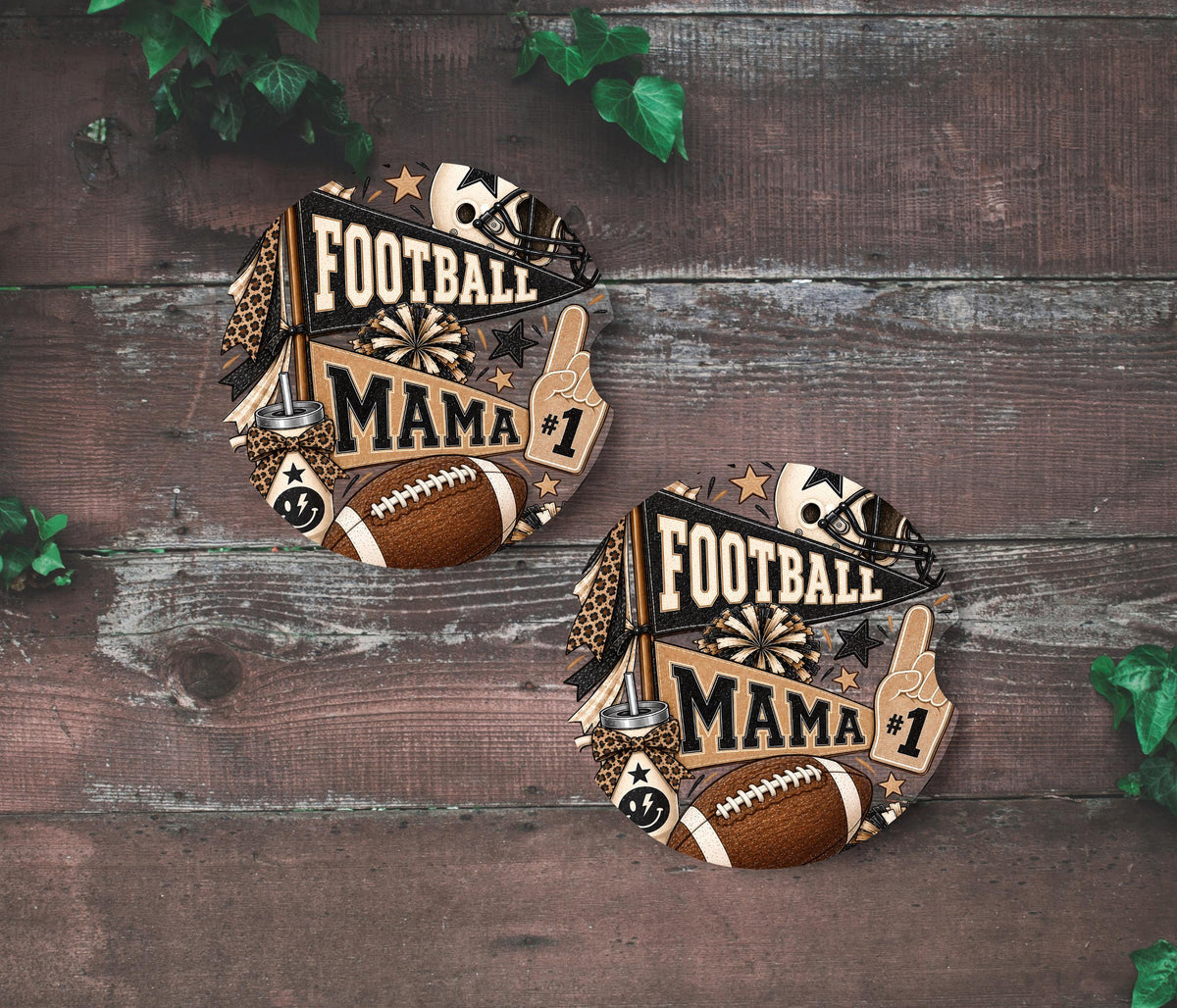 Football Mama Neoprene Car Coasters | Leopard Print Sports Cup Holder Mats (2-Pack)
