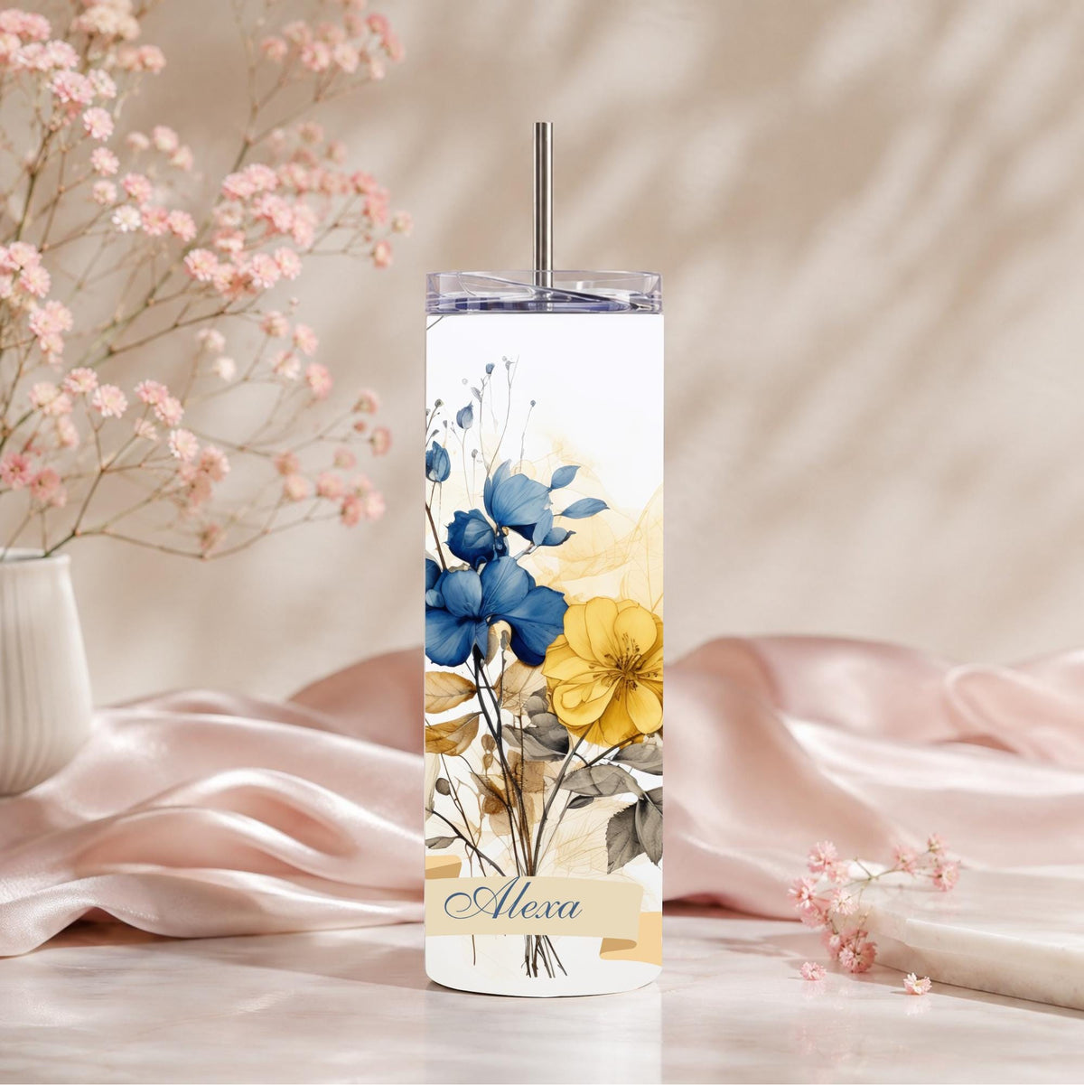 Personalized Bridesmaid Tumbler | Royal Blue Watercolor Flowers (20oz Skinny Mug)