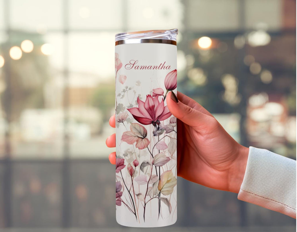 Personalized Wildflower Tumbler | Custom Name, 20oz Skinny Travel Mug (Dusty Pink Watercolor)