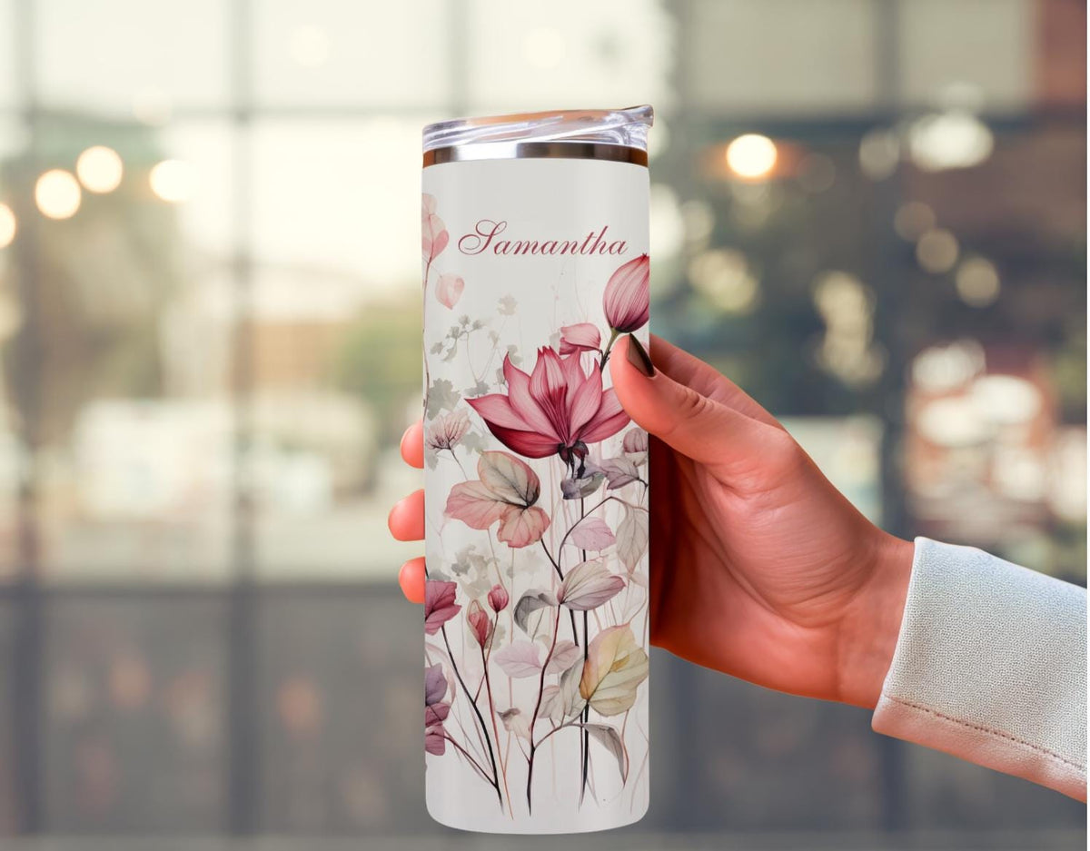 Personalized Wildflower Tumbler | Custom Name, 20oz Skinny Travel Mug (Dusty Pink Watercolor)