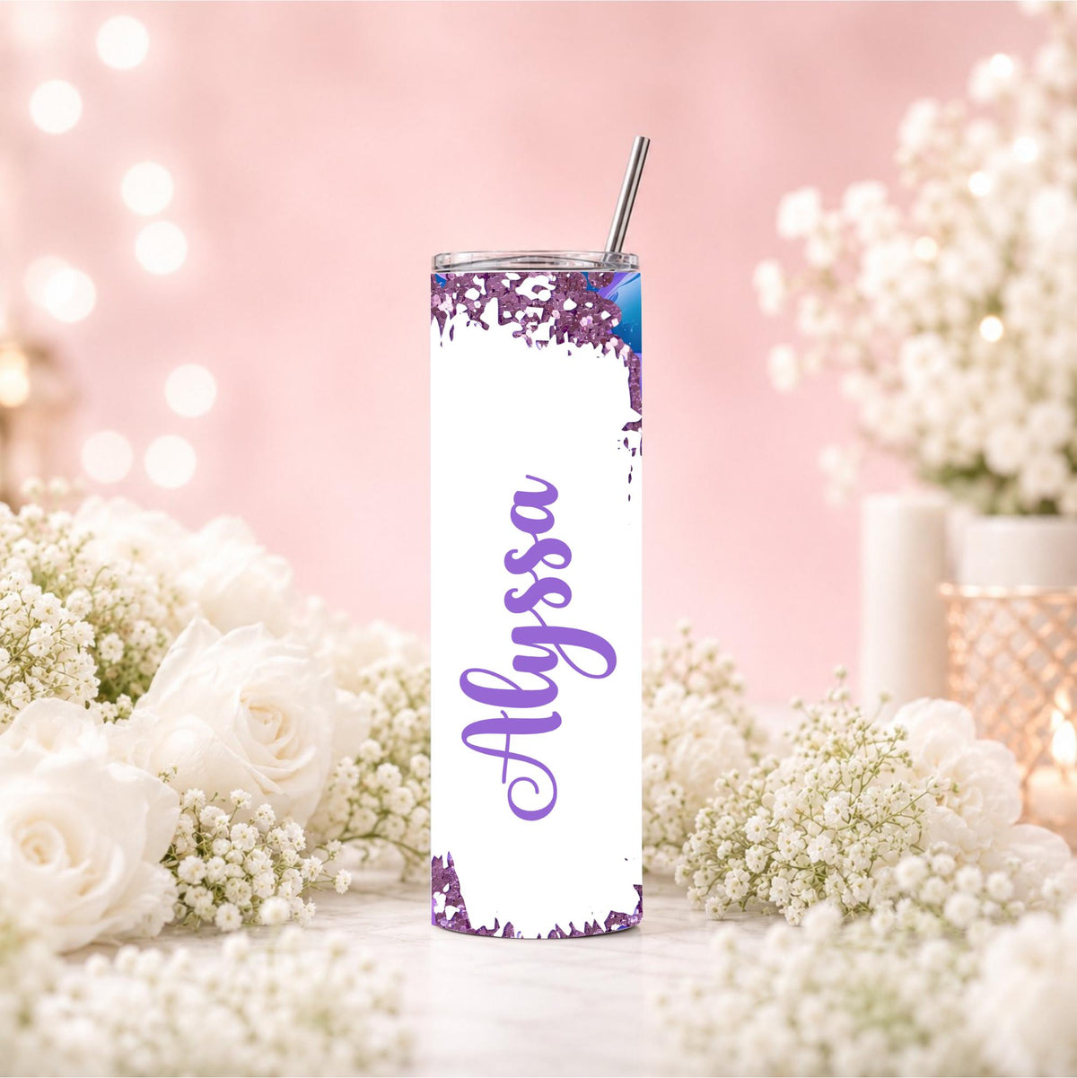 Personalized 3D Bubble Tumbler | Purple Teal Geode Glitter Skinny Mug (20oz)