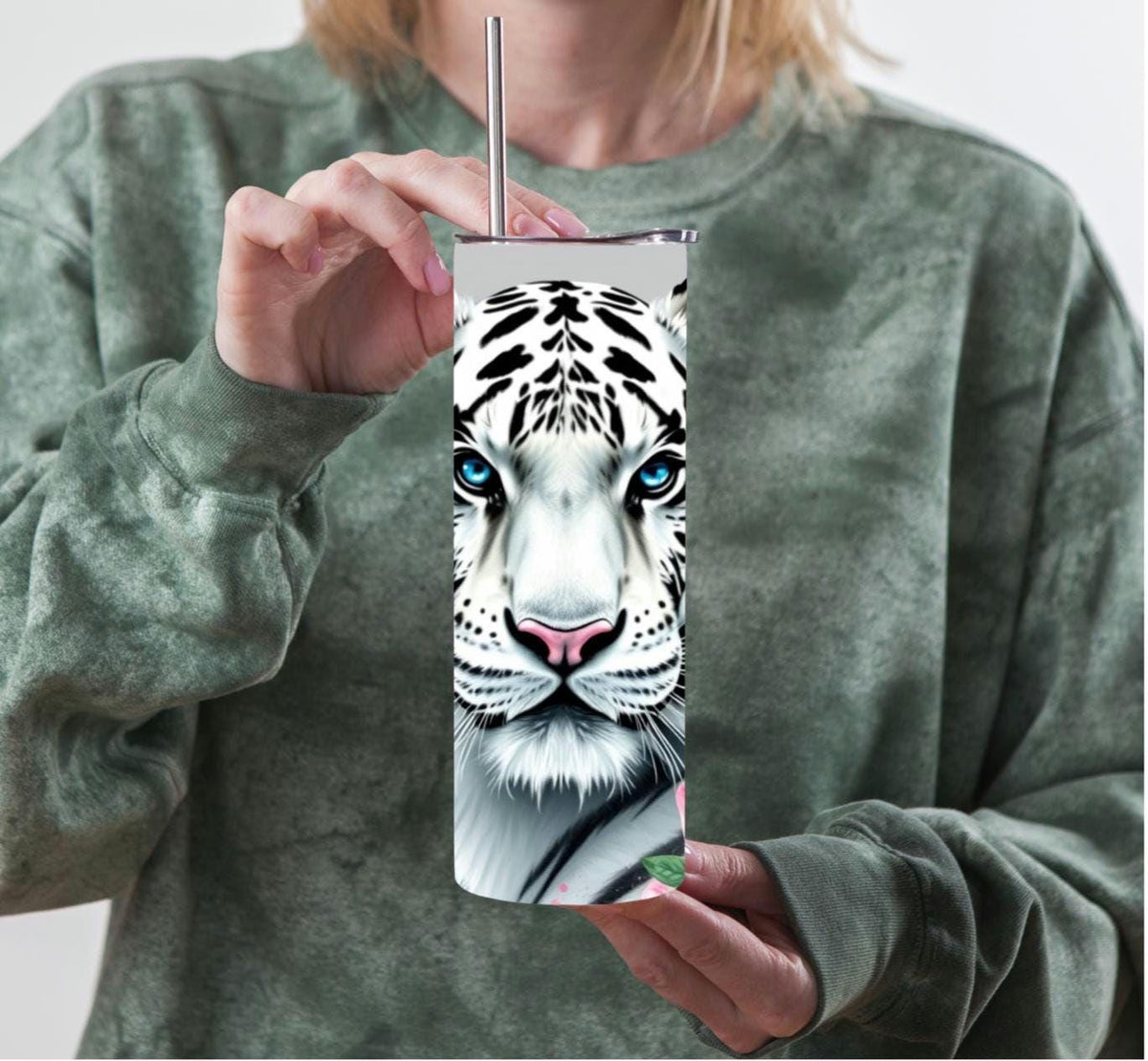 White Tiger Floral Skinny Tumbler | 20oz Travel Mug, Pink Hibiscus, Blue Eyes