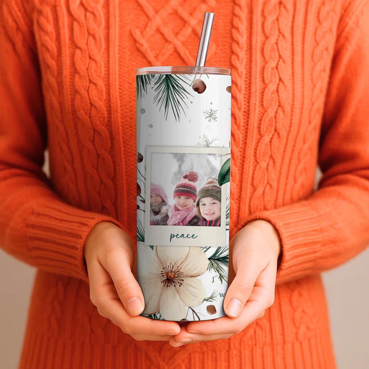 Personalized Polaroid Photo Tumbler | Winter Botanical Holiday Beverage Holder (20oz)