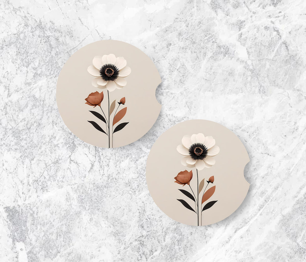 Minimalist Floral Car Coasters | 3D Papercut Flower Design (2 Pack)