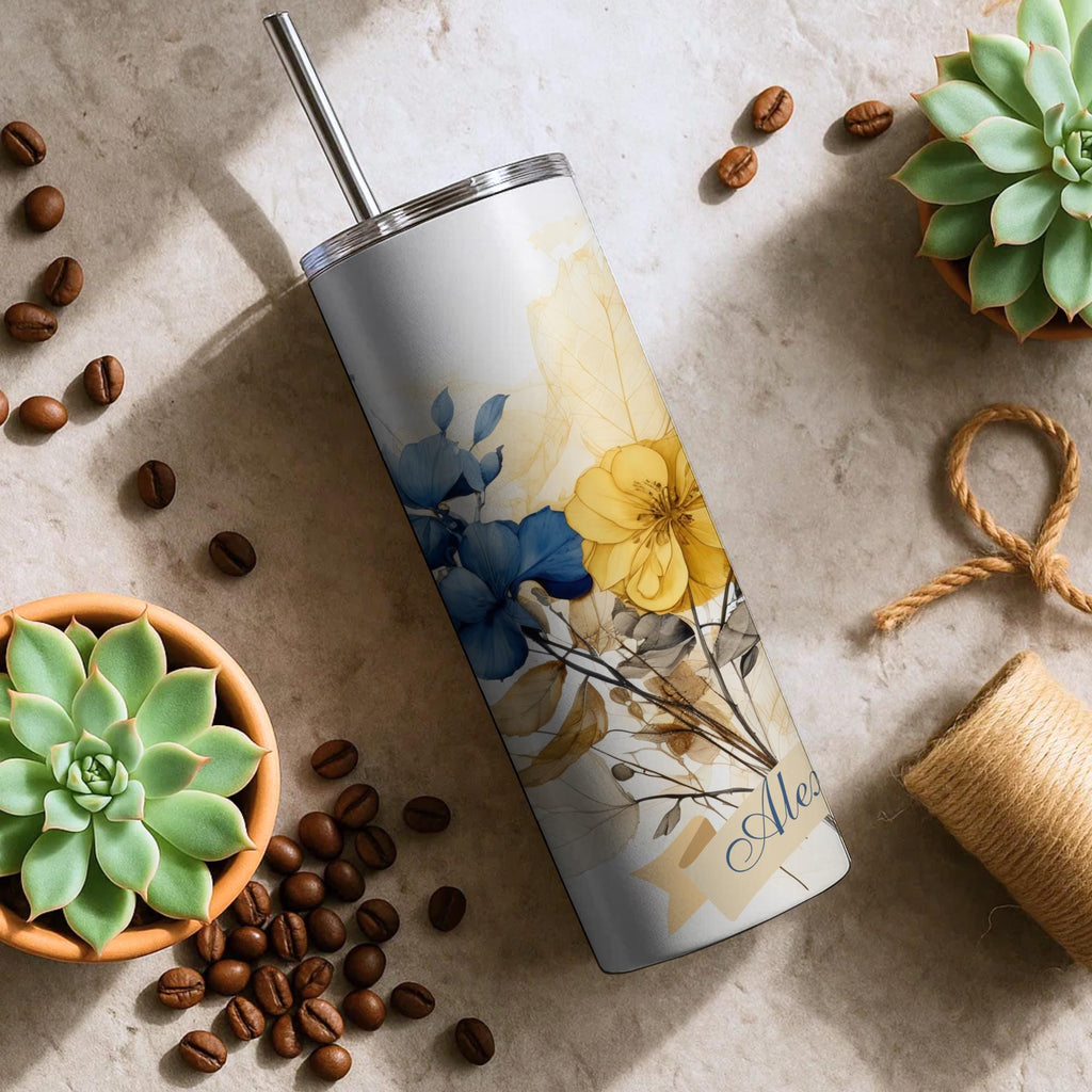 Personalized Bridesmaid Tumbler | Royal Blue Watercolor Flowers (20oz Skinny Mug)