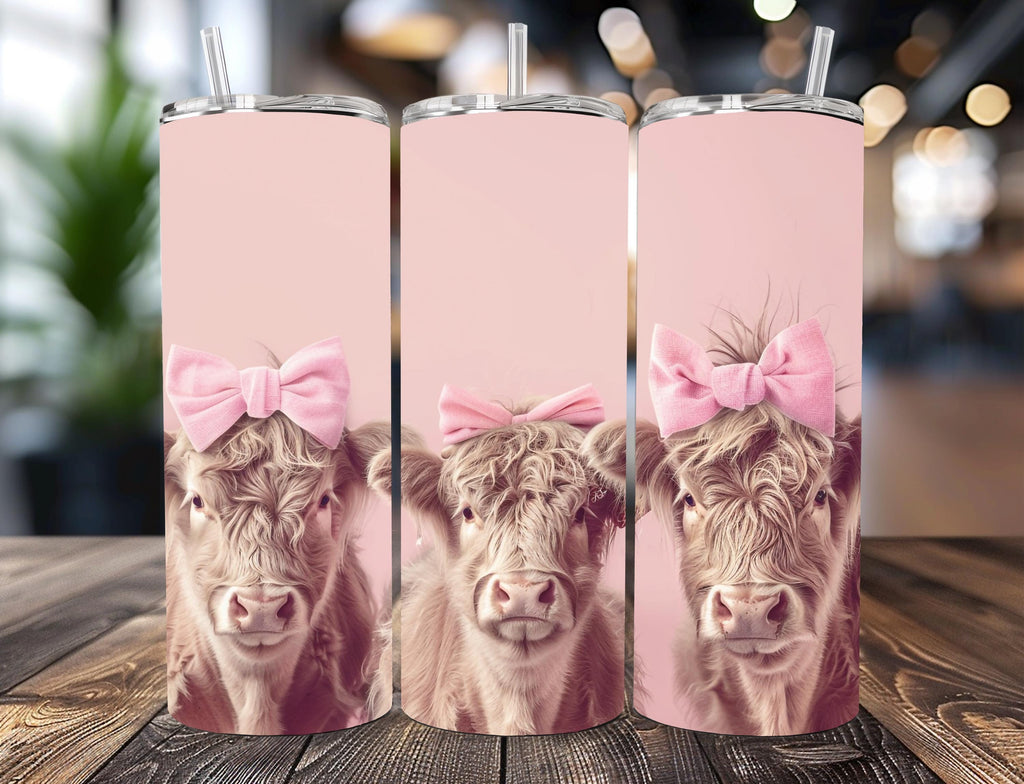 Coquette Highland Cow Skinny Tumbler | Pink Bow Baby Calf Travel Mug (20oz)