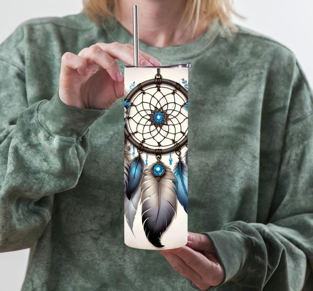 Dreamcatcher Sublimation 20oz Skinny Tumbler  Boho Blue Feather Travel Mug Gift for Her
