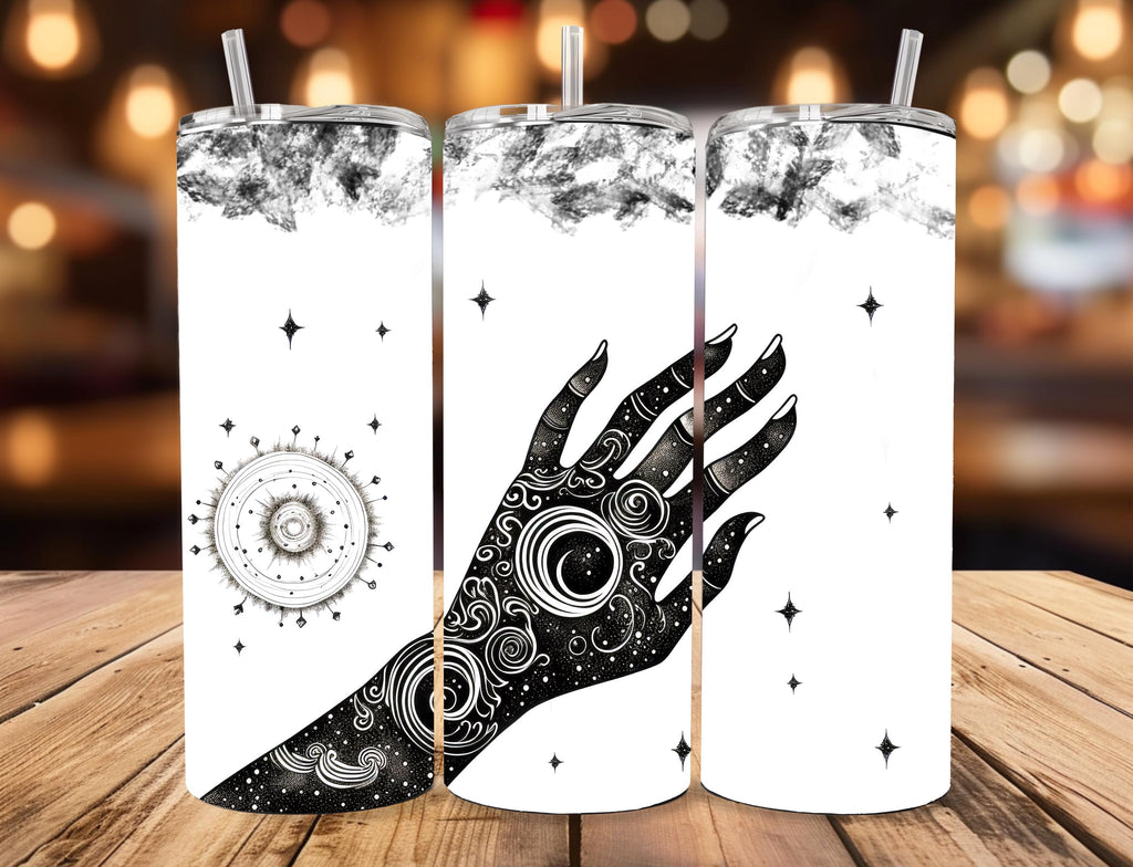 Witchcore Celestial Hand Tumbler | 20oz Skinny Travel Mug (Black & White Line Art)