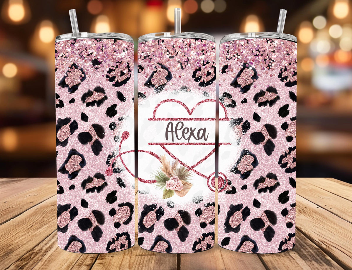 Personalized Nurse Tumbler | Pink Glitter Leopard Print, Stethoscope Heart (20oz)