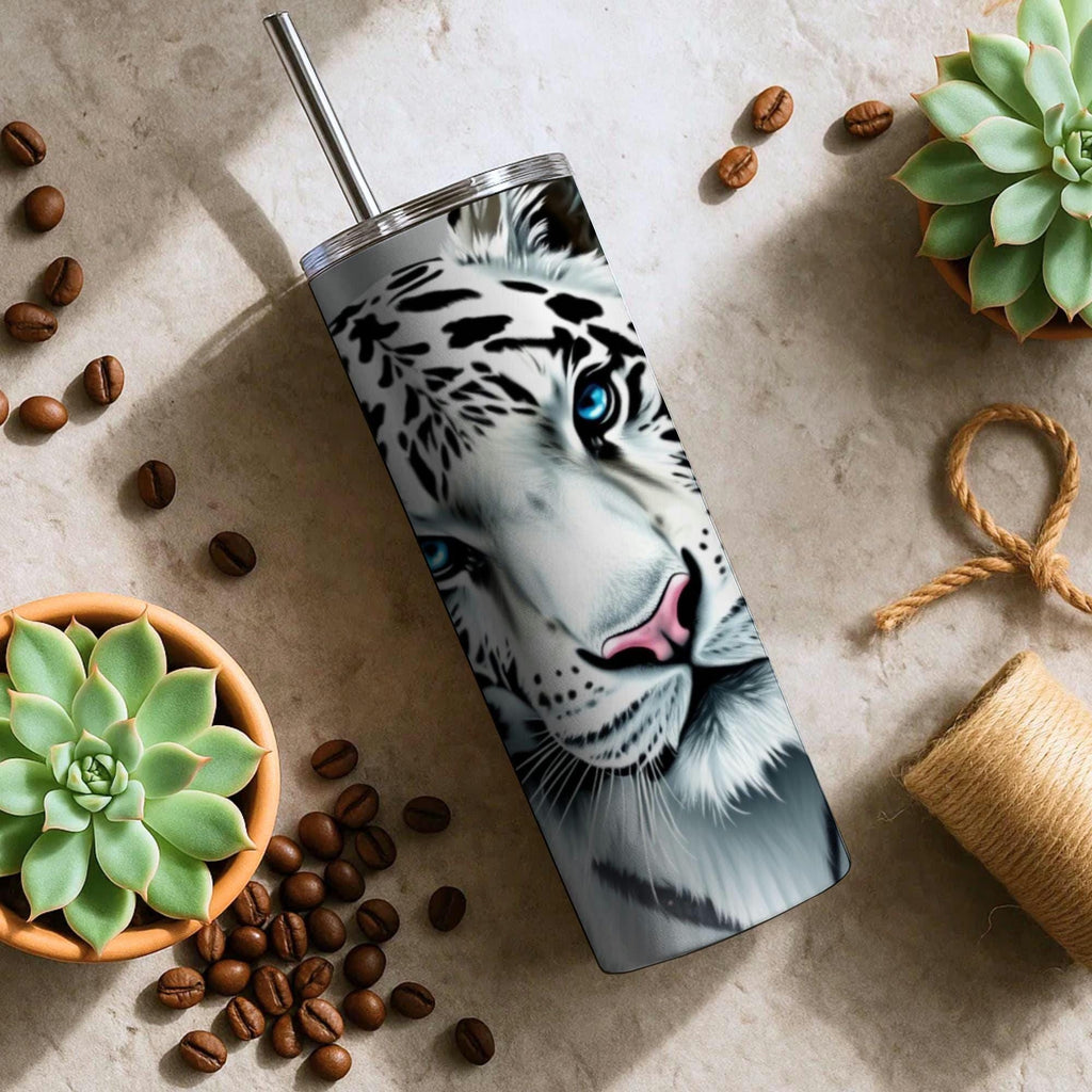 White Tiger Floral Skinny Tumbler | 20oz Travel Mug, Pink Hibiscus, Blue Eyes
