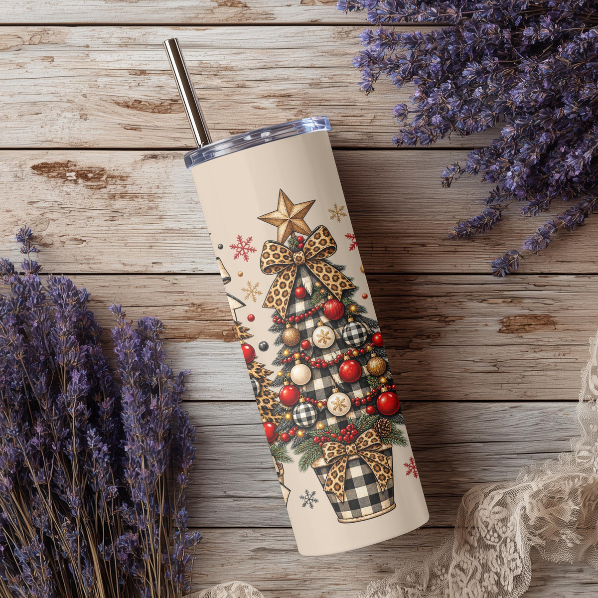 Leopard Christmas Tree 20oz Skinny Tumbler Boho Country Festive