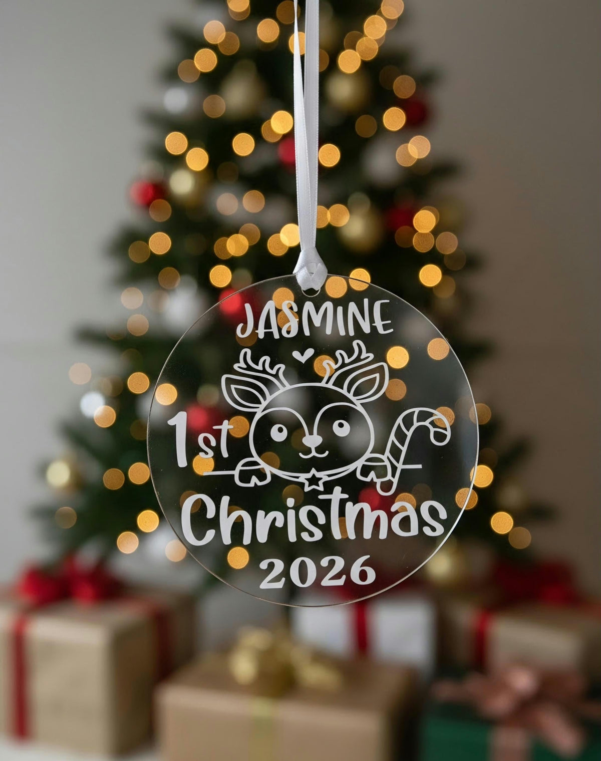 Personalized Baby First Christmas Ornament 2026 Custom Name Reindeer Clear Acrylic