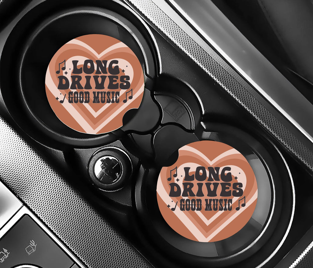 Retro 70s Car Coasters | Long Drives Good Music, Terracotta Boho Style (2 Pack)