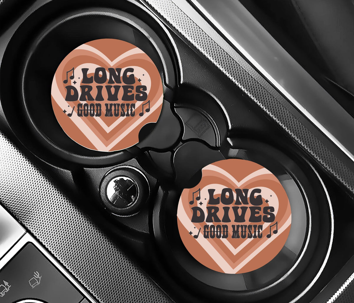Retro 70s Car Coasters | Long Drives Good Music, Terracotta Boho Style (2 Pack)