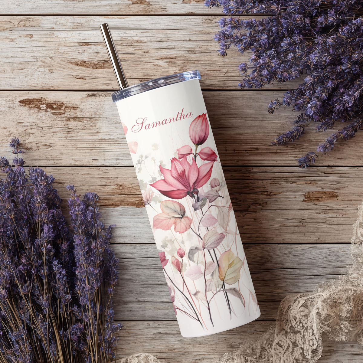 Personalized Wildflower Tumbler | Custom Name, 20oz Skinny Travel Mug (Dusty Pink Watercolor)