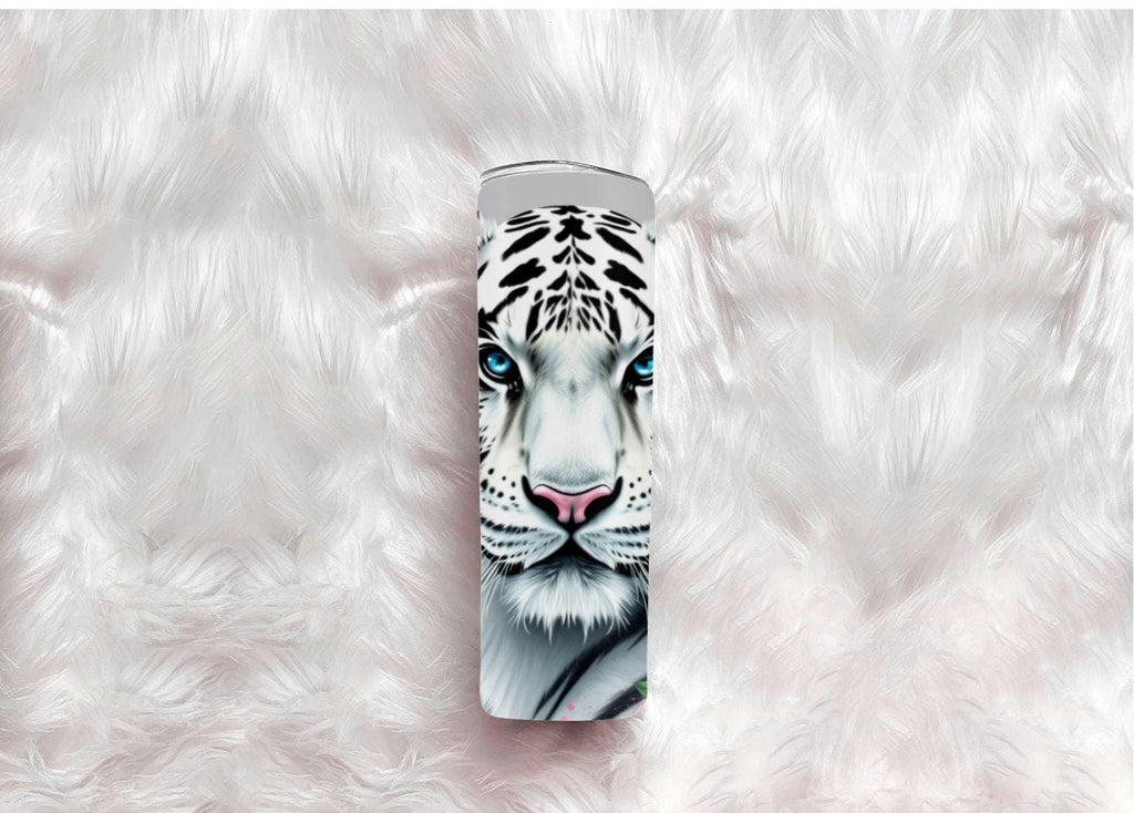 White Tiger Floral Skinny Tumbler | 20oz Travel Mug, Pink Hibiscus, Blue Eyes
