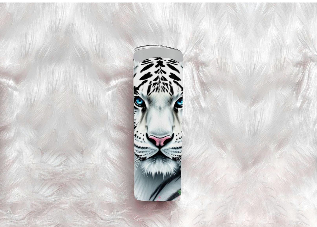 White Tiger Floral Skinny Tumbler | 20oz Travel Mug, Pink Hibiscus, Blue Eyes