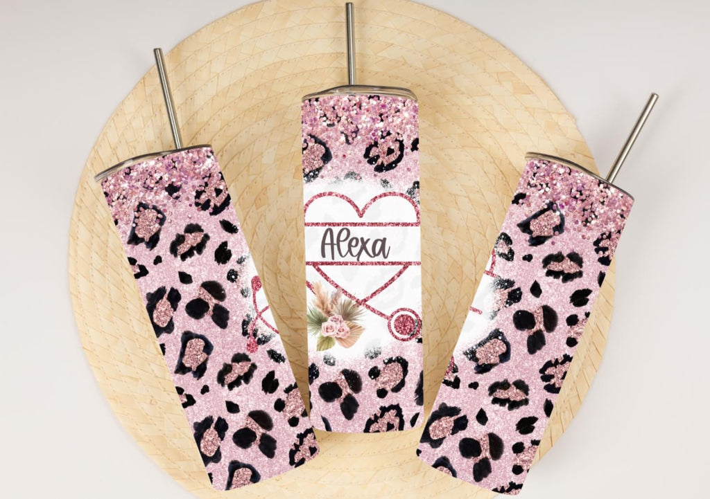 Personalized Nurse Tumbler | Pink Glitter Leopard Print, Stethoscope Heart (20oz)