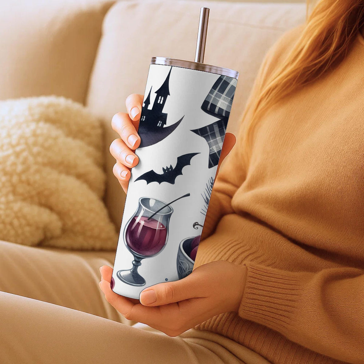 Gothic Halloween Watercolor Tumbler | Haunted Castle, Bats, Plaid Bow (20oz)