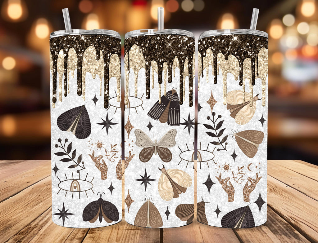 Cottagegoth Moth Travel Mug | Black Gold Glitter Drip, Dark Academia Gift (20oz)