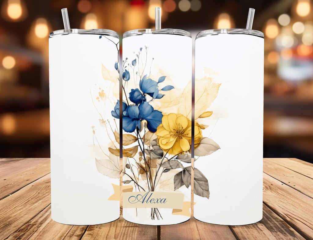 Personalized Bridesmaid Tumbler | Royal Blue Watercolor Flowers (20oz Skinny Mug)
