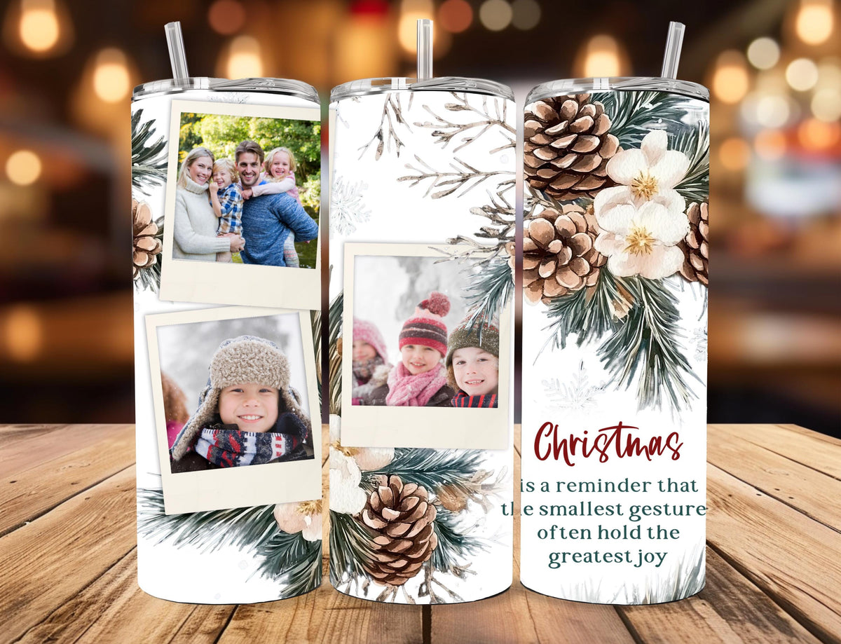 Personalized Polaroid Photo Tumbler | Winter Botanical Holiday Beverage Holder (20oz)