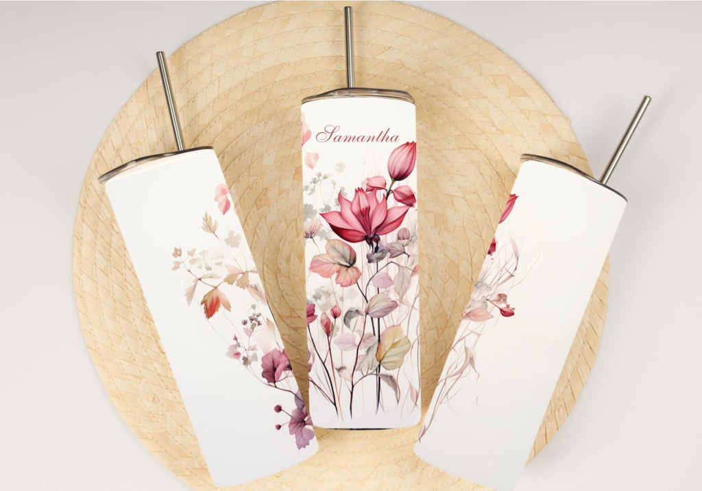 Personalized Wildflower Tumbler | Custom Name, 20oz Skinny Travel Mug (Dusty Pink Watercolor)