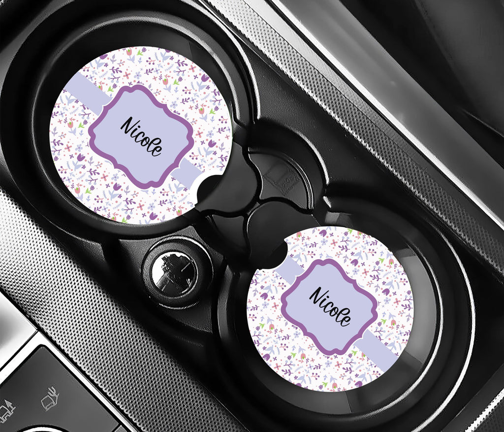 Personalized Floral Car Coasters 2 PackCustom Name Purple Wildflower Cup Holder Mats
