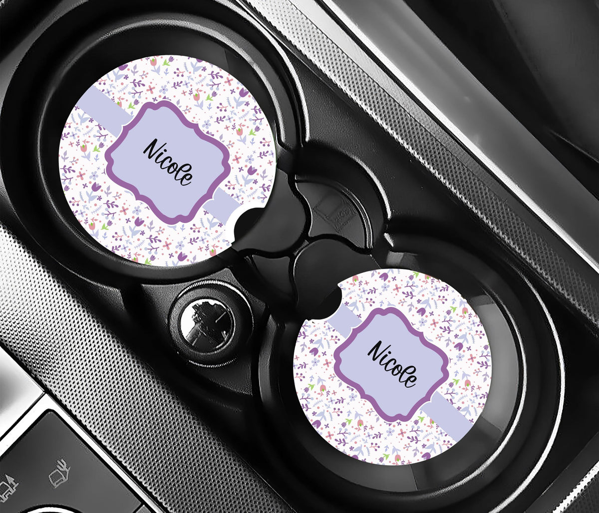 Personalized Floral Car Coasters 2 PackCustom Name Purple Wildflower Cup Holder Mats