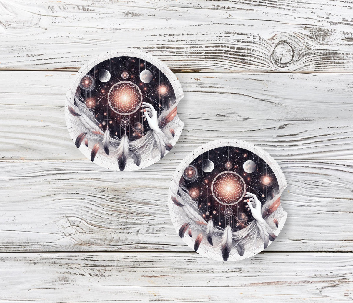 Celestial Dreamcatcher Car Coasters | Gothic Moon Phase Neoprene Mats (2-Pack)