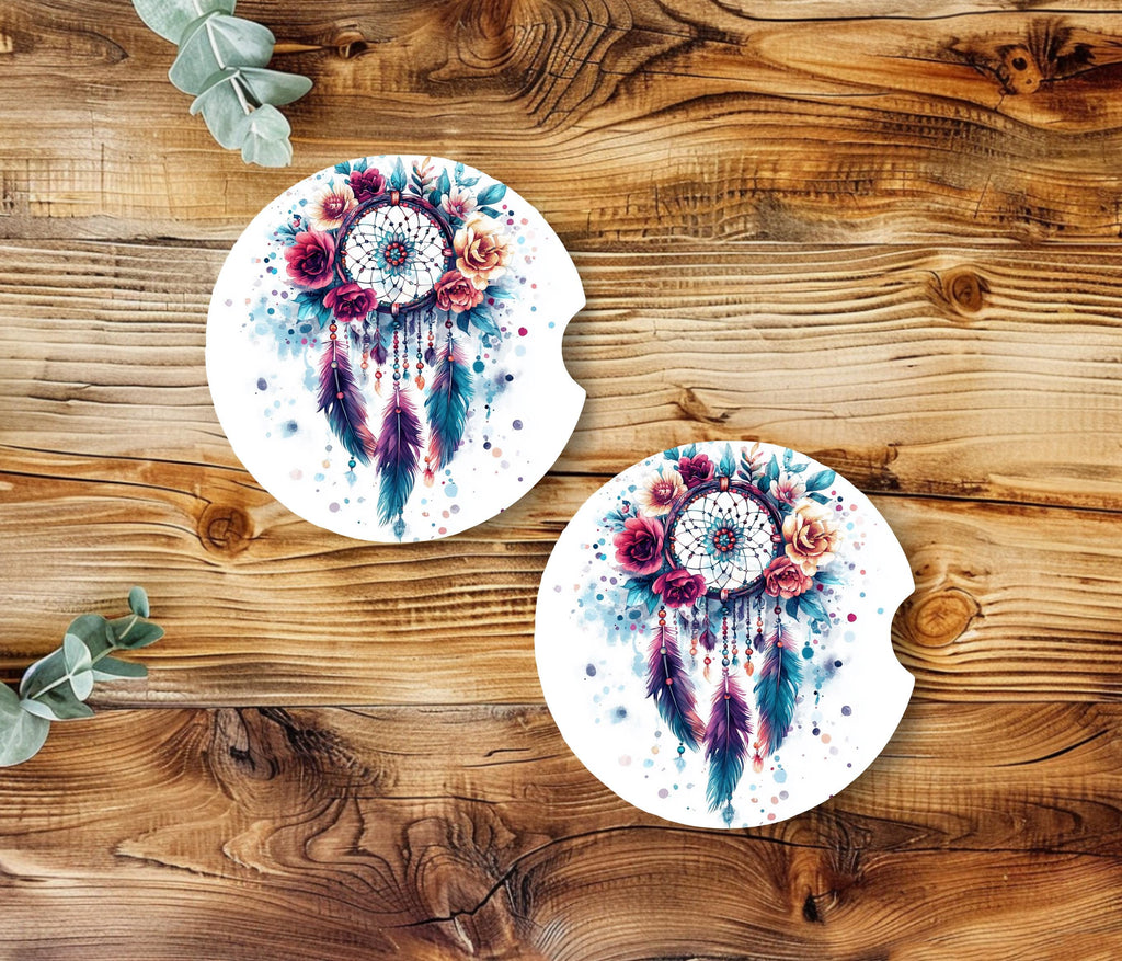Watercolor Dreamcatcher Neoprene Car Coasters | Boho Floral Cup Holder Mats (2-Pack)
