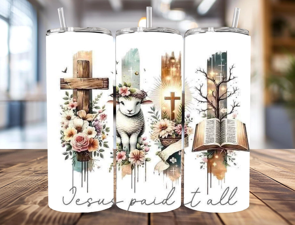 Jesus Paid It All 20oz Skinny Tumbler | Watercolor Cross, Lamb, Bible