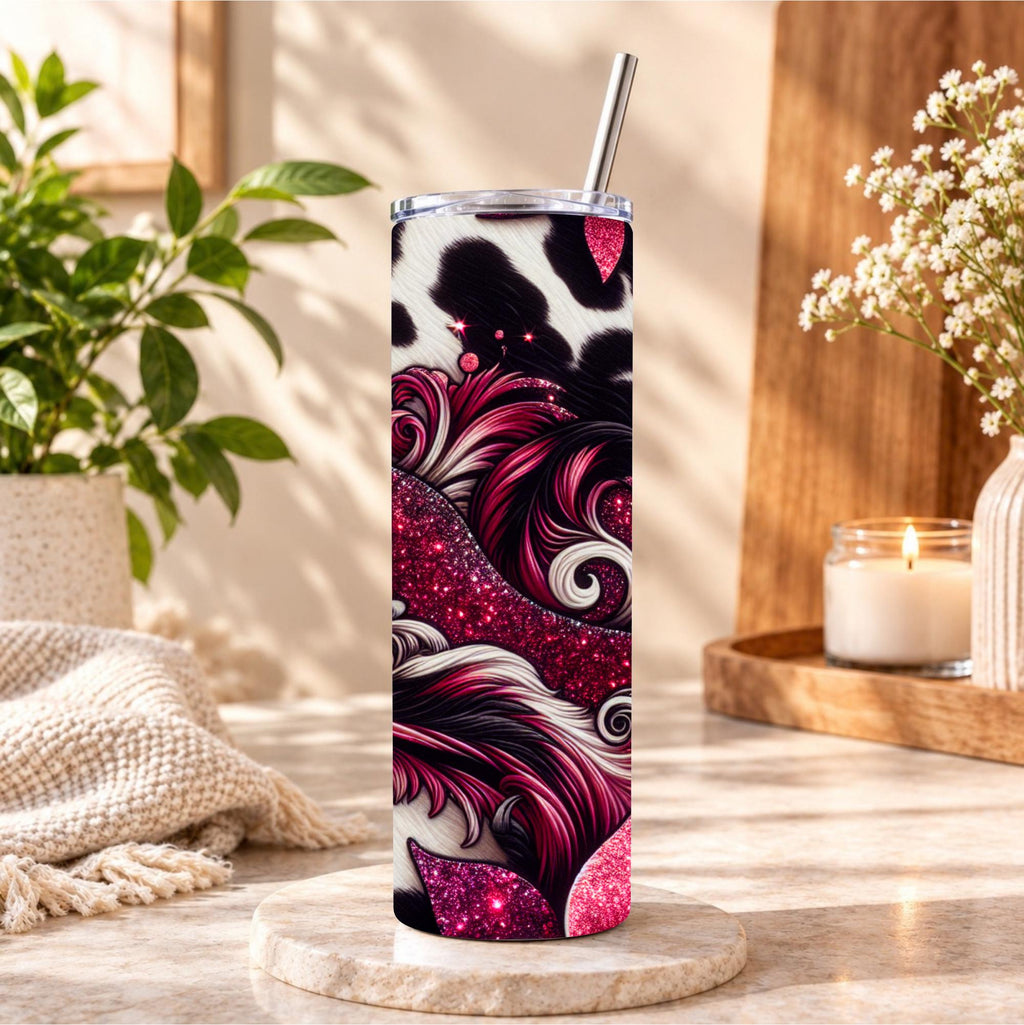 Magenta Glitter Floral Cow Print 20oz Skinny Tumbler