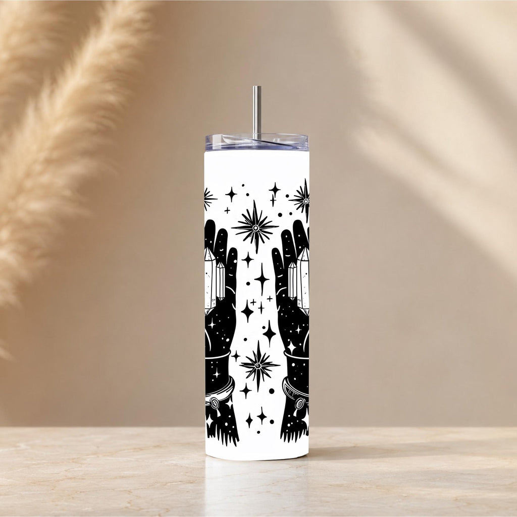 Witchcore Celestial Hands Tumbler | Minimalist Crystal Line Art Travel Mug (20oz)