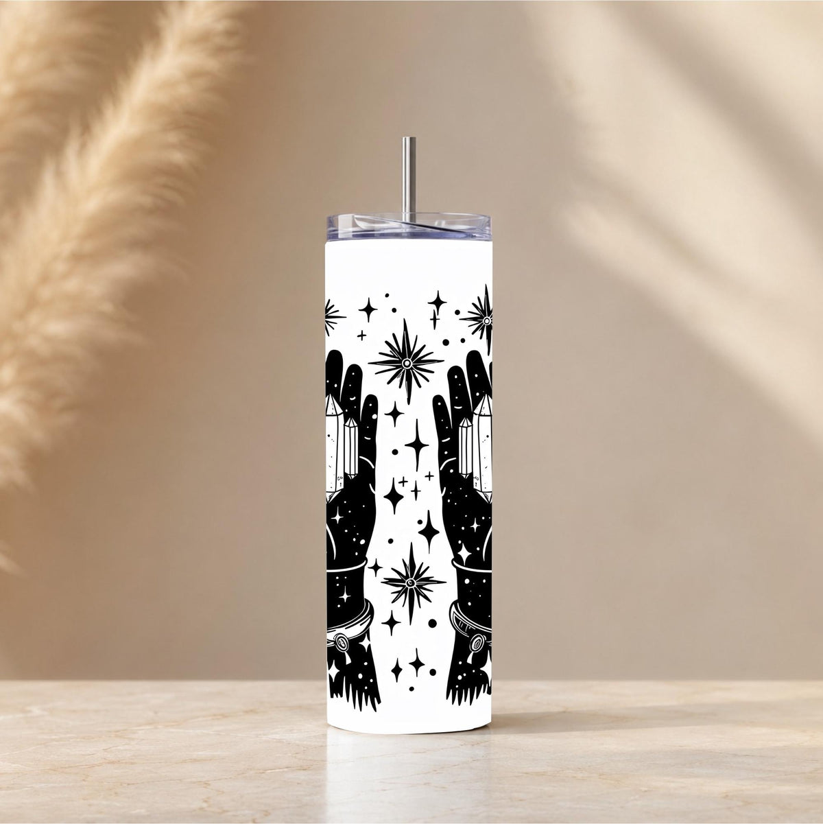 Witchcore Celestial Hands Tumbler | Minimalist Crystal Line Art Travel Mug (20oz)