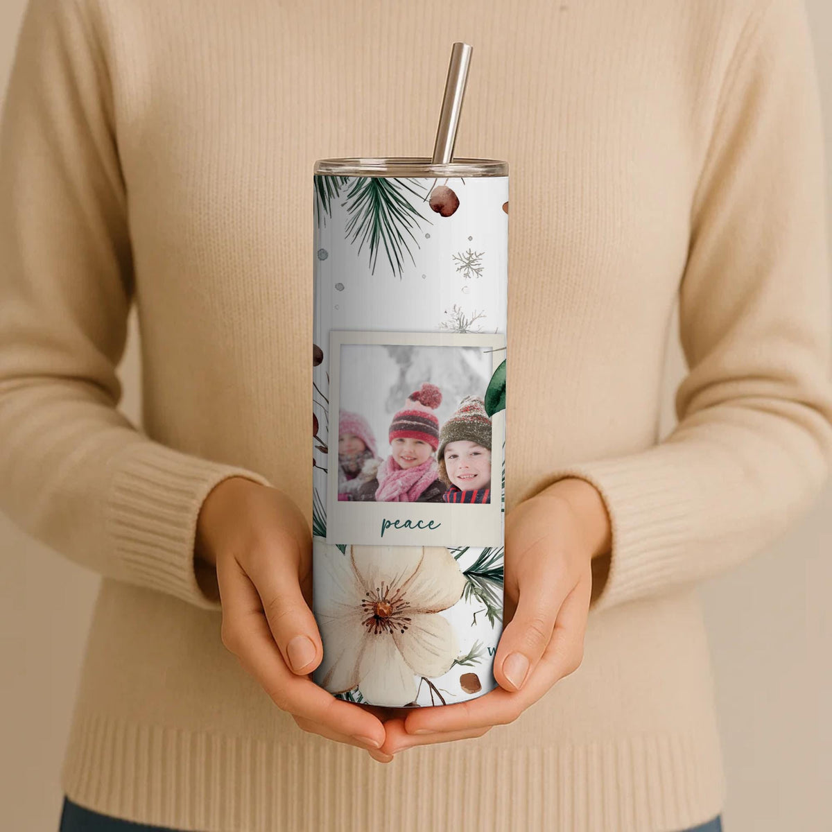 Personalized Polaroid Photo Tumbler | Winter Botanical Holiday Beverage Holder (20oz)
