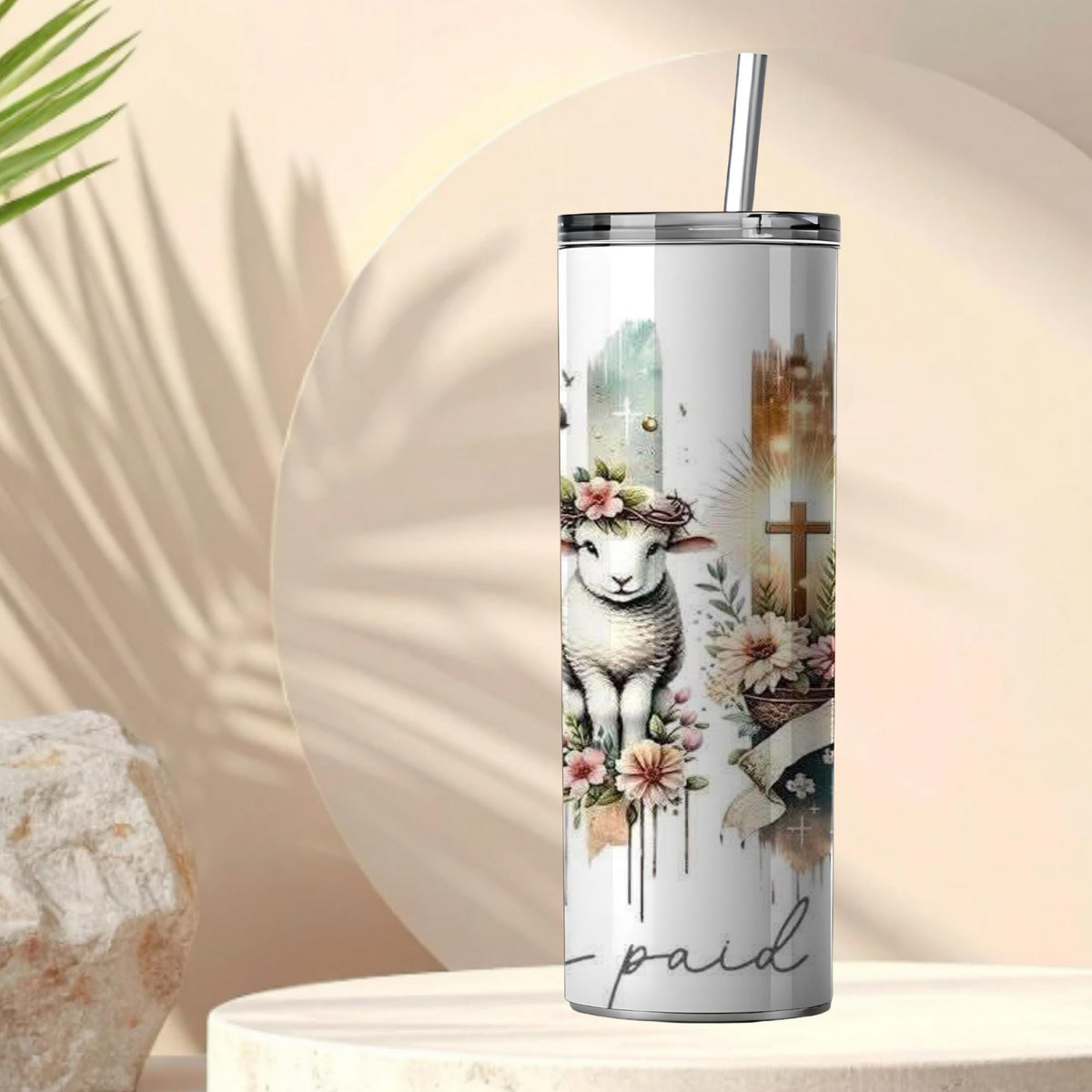 Jesus Paid It All 20oz Skinny Tumbler | Watercolor Cross, Lamb, Bible