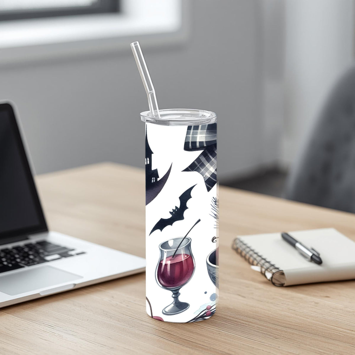 Gothic Halloween Watercolor Tumbler | Haunted Castle, Bats, Plaid Bow (20oz)