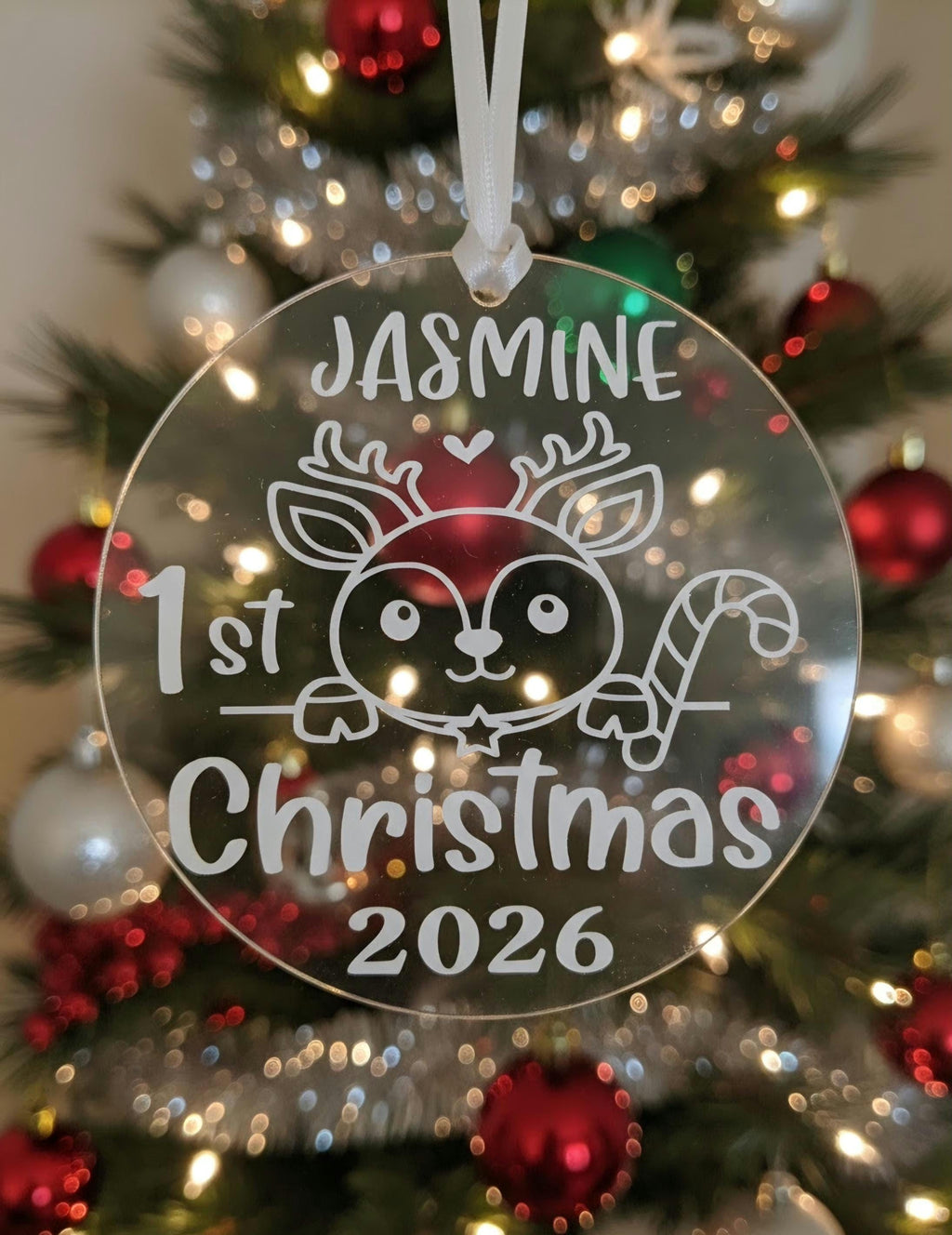 Personalized Baby First Christmas Ornament 2026 Custom Name Reindeer Clear Acrylic