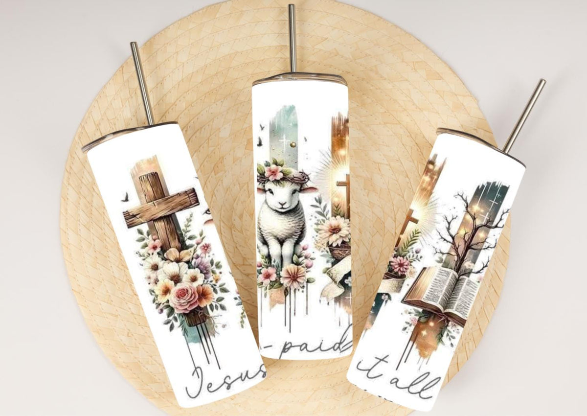 Jesus Paid It All 20oz Skinny Tumbler | Watercolor Cross, Lamb, Bible