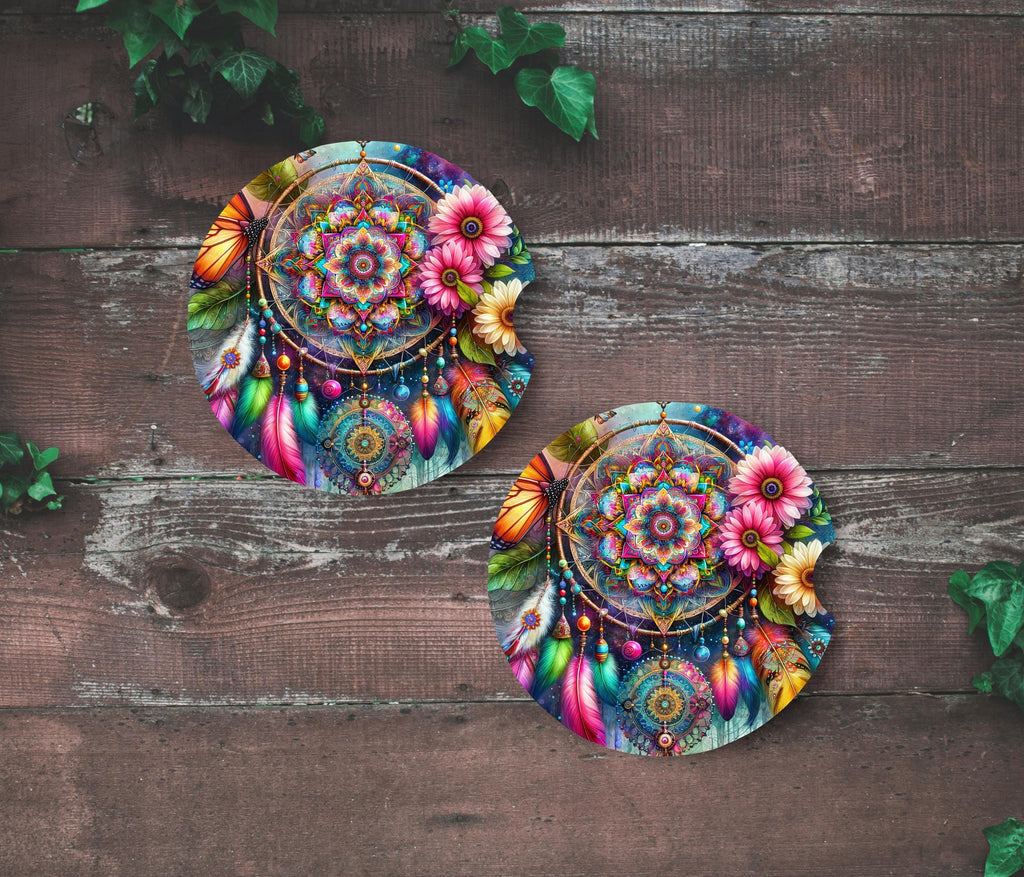 Dreamcatcher Mandala Car Coasters | Boho Feather Cup Holder Mats (2-Pack)