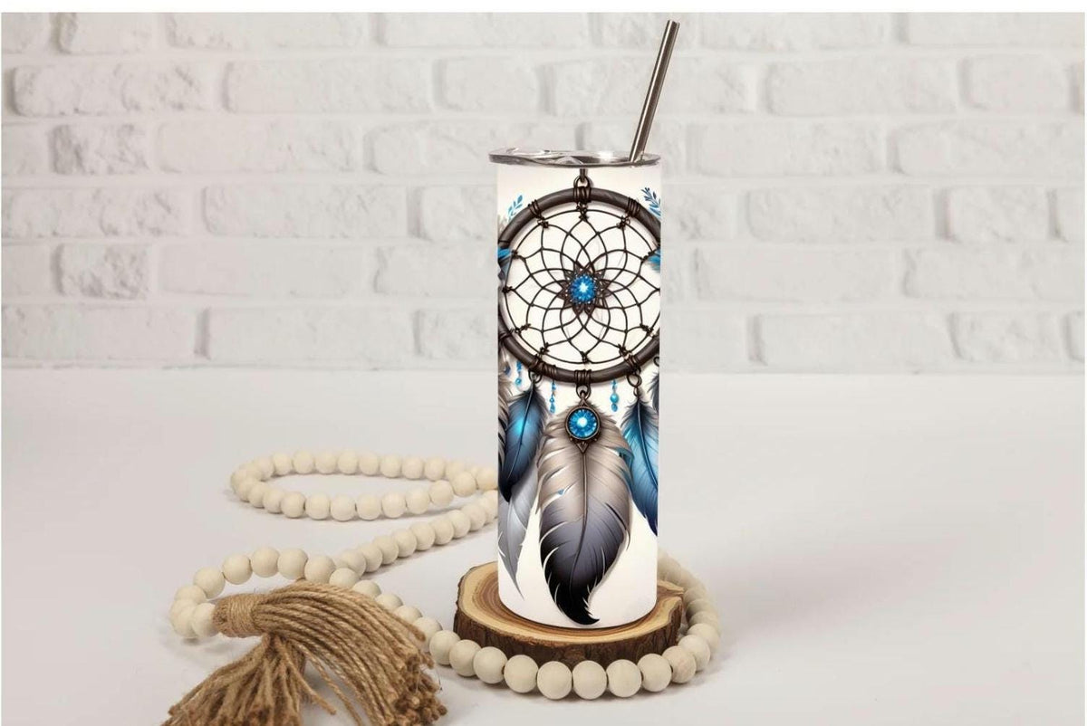 Dreamcatcher Sublimation 20oz Skinny Tumbler  Boho Blue Feather Travel Mug Gift for Her