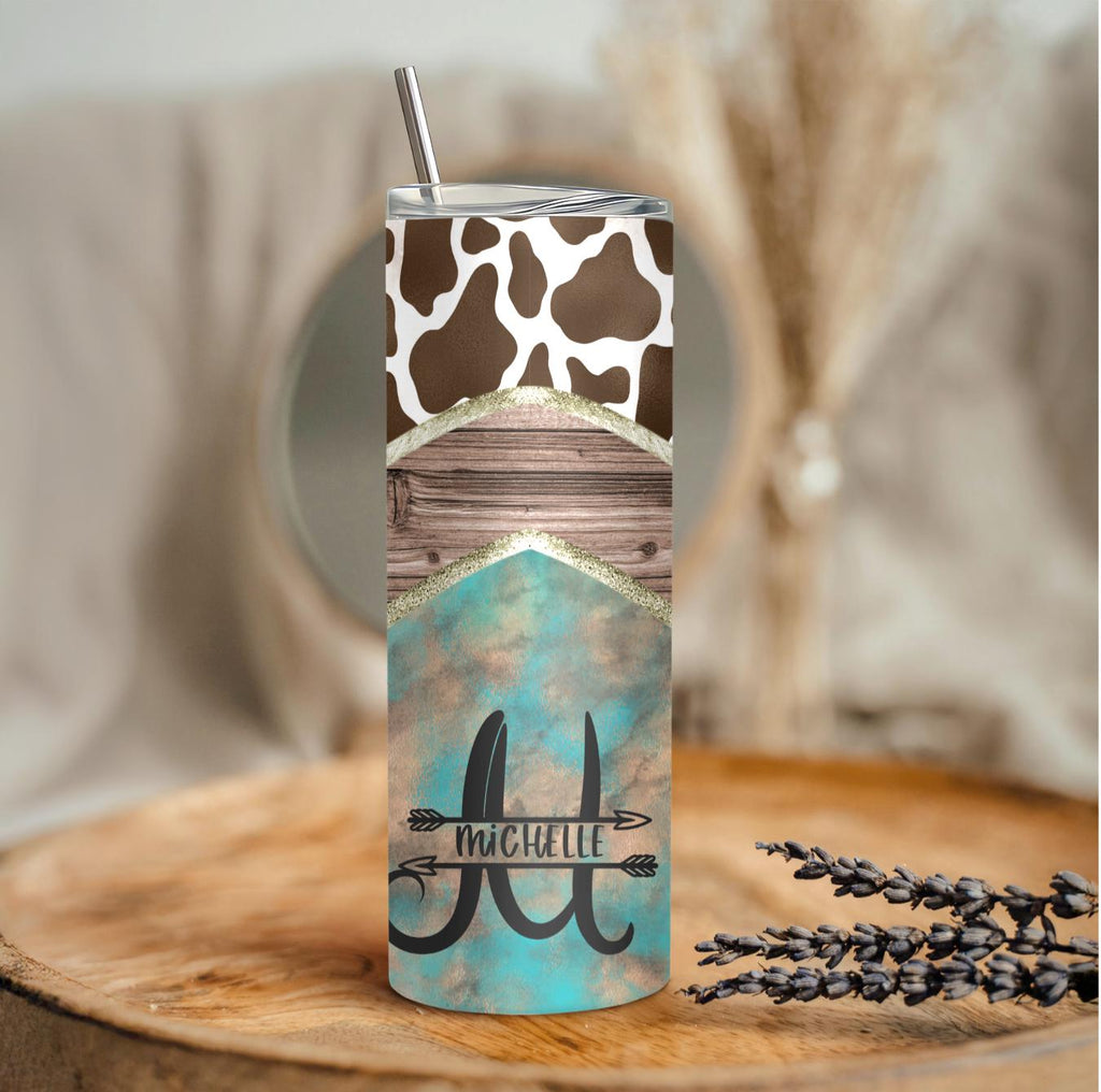 Personalized Western Cow Print 20oz Skinny Tumbler with Name