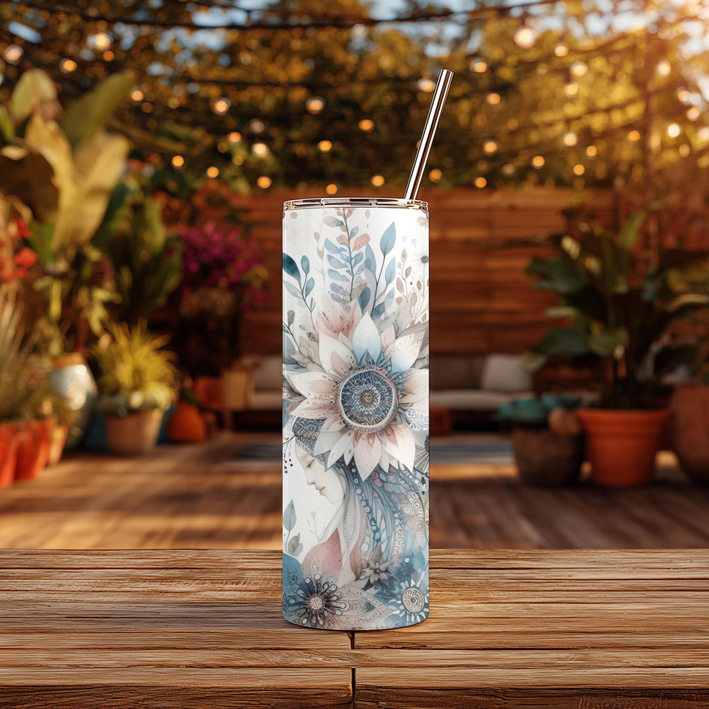 Personalized Boho Mandala Flower Tumbler | Dusty Blue Wedding Gift (20oz)