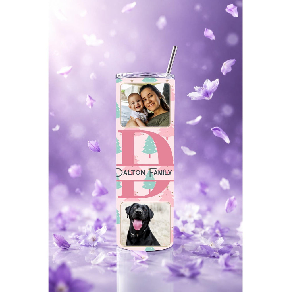 Personalized Family Photo Tumbler | 20oz Skinny Travel Mug with Split Monogram